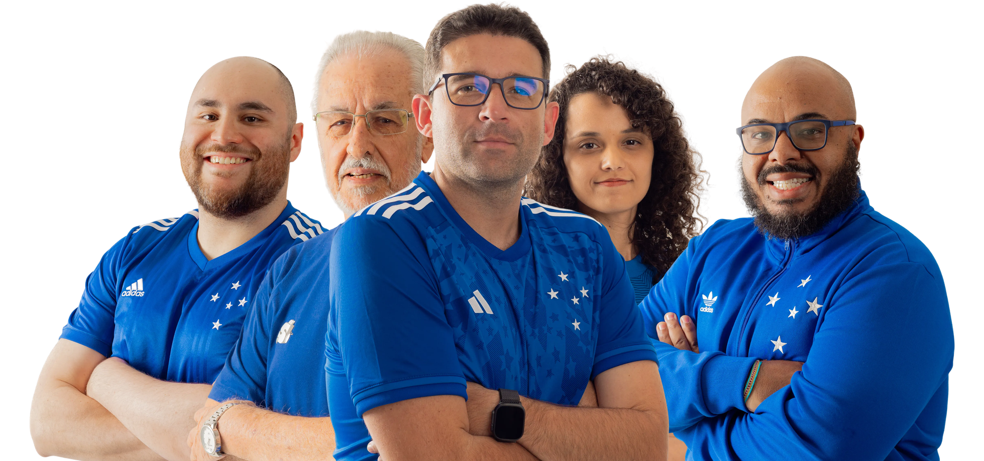 A equipe da Samuca TV: cinco integrantes com a camisa do Cruzeiro